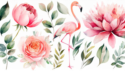 Set watercolor pink flowers, garden roses, peonies, flamingo. collection leaves, branches. Botanic...