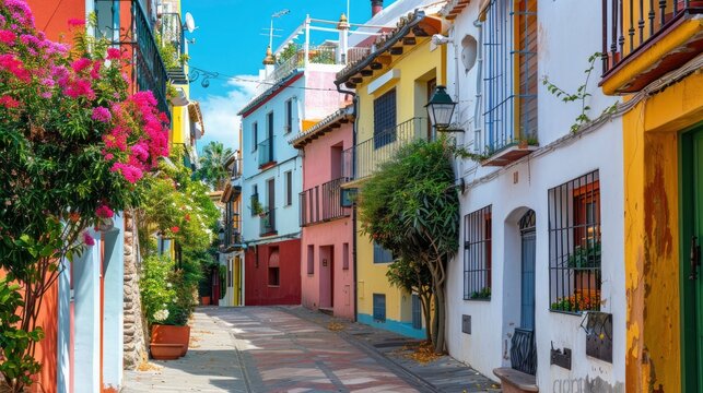 Bright buildings on a narrow street in a Spanish town on sunny day
