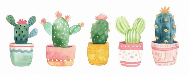 beautiful gouache paint drawing of a cactus in a cute pot on a white background.