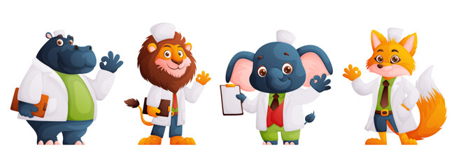 Animal doctors cartoon. Nice characters in medical uniform showing that everything is OK. Lion, Hippopotamus, elephant, fox in the form of a doctor. Vector illustration