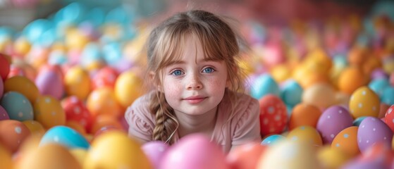 Fototapeta na wymiar a little girl that is laying down in some kind of ball pit with a lot of eggs in front of her.