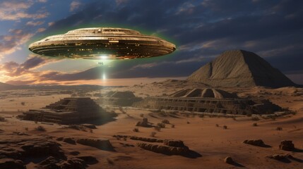 A ufo hovering above an ancient archaeological site