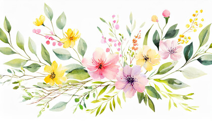 Fototapeta na wymiar watercolor arrangements with garden flowers. bouquets with pink, yellow wildflowers, leaves, branches. Botanic illustration isolated on white background
