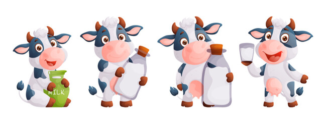 Cow cartoon. Cute farm milk animal character in various actions posing funny mascot vector. Illustration of a funny cow with a bottle, bottle and glass of milk.