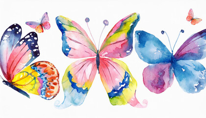 Watercolor colorful butterflies, isolated on white background. blue, yellow, pink and red butterfly...