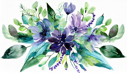 Watercolor floral bouquet - illustration with violet purple blue flowers, green leaves, for wedding...