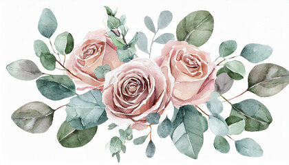 Watercolor floral bouquet. Dusty pink roses flowers and eucalyptus leaves. Foliage arrangement for wedding invitations, greetings, fashion, decoration. Hand painted illustration