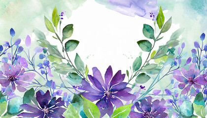 Watercolor floral frame - illustration with violet purple blue flowers, green leaves, for wedding...