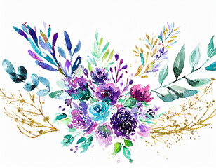 Watercolor floral illustration bouquet set collection gold blue violet purple green frame, border,...