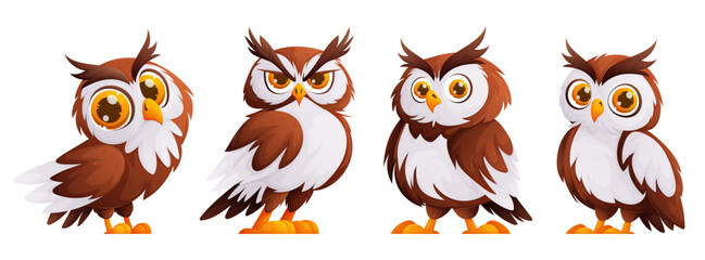 Set of Cute cartoon owl. The owl is brown in color with white feathers. Wild forest birds. Flying creatures.