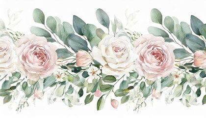 Watercolor floral seamless border with green leaves, pink peach blush white flowers, leaf branches. For wedding invitations, greetings, wallpapers, fashion, prints. Eucalyptus, olive, rose
