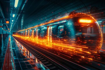 Fototapeta na wymiar Speeding train with light trails in a subway station.