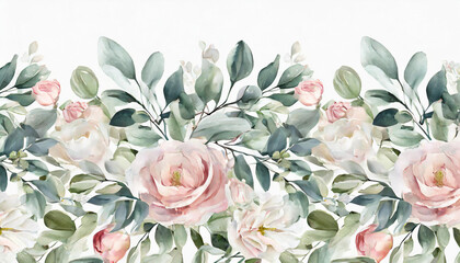 Watercolor floral seamless border with green leaves, pink peach blush white flowers, leaf branches. For wedding invitations, greetings, wallpapers, fashion, prints. Eucalyptus, olive, rose
