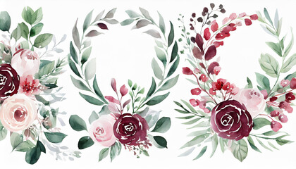 Watercolor floral wreath border bouquet frame collection set green leaves burgundy maroon scarlet pink peach blush white flowers leaf branches. Wedding invitations stationery wallpapers fashion prints - Powered by Adobe
