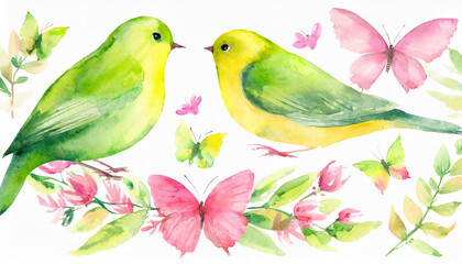 Watercolor green and yellow birds and pink butterflies. vintage set