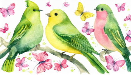 Watercolor green and yellow birds and pink butterflies. vintage set