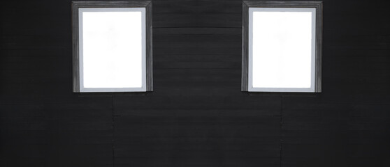 mock up. window frame in new brown wooden house wall. mockup exterior background. White plastic modern window. mock-up. template.