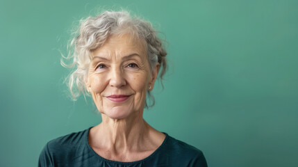 Portrait of happy senior woman isolated on green background
