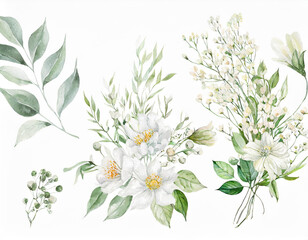 white watercolor arrangements with flowers, set, bundle, bouquets with wildflowers, leaves, branches. Botanical illustration