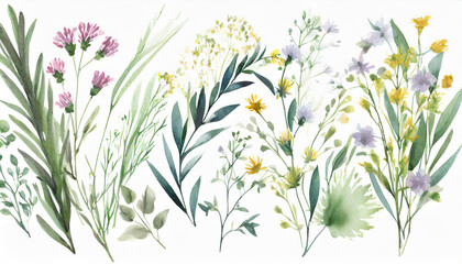 Fototapeta na wymiar Wild field herbs flowers. Watercolor floral collection set - bouquets, borders, frames. Illustration green leaves, branches.. Wedding stationery, wallpapers, fashion, backgrounds. Wildflowers