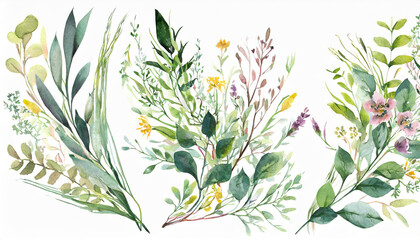 Fototapeta na wymiar Wild field herbs flowers. Watercolor floral collection set - bouquets, borders, frames. Illustration green leaves, branches.. Wedding stationery, wallpapers, fashion, backgrounds.