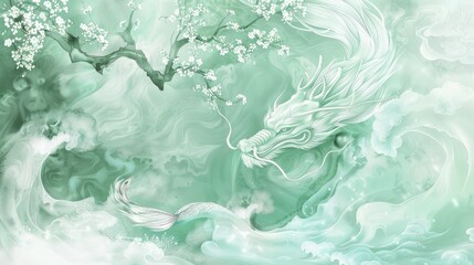 Winter jasmine decoration, traditional Chinese dragon, light green water, and light green sleeping dragon