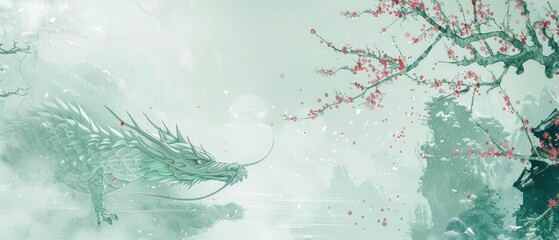 Winter jasmine decoration, traditional Chinese dragon, light green water, and light green sleeping dragon - obrazy, fototapety, plakaty