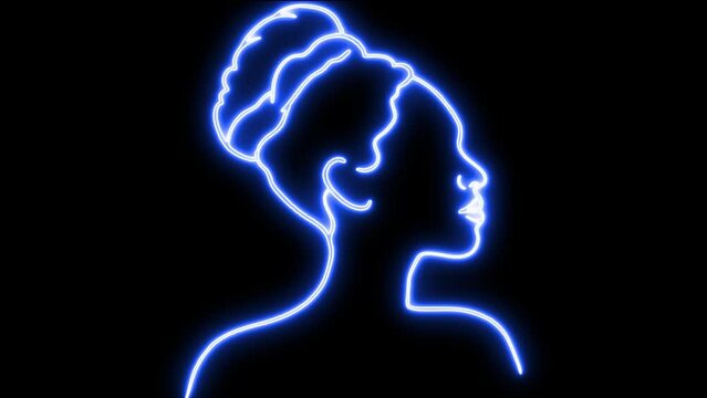 African lady look a side line art unique design blue neon light glow animation video