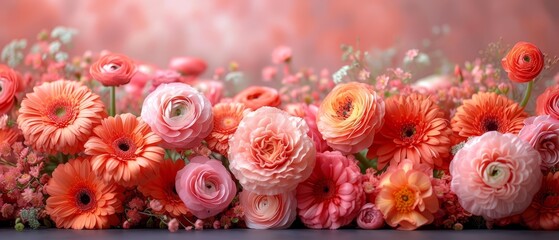 a bunch of flowers that are sitting in the middle of a table with pink and orange flowers in the middle of the table.