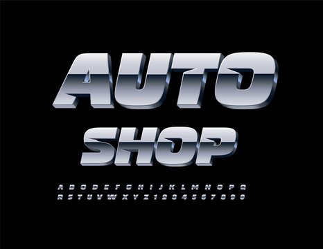 Vector silver banner Auto Shop. Cool Metallic Font. Exclusive 3D Alphabet Letters and Numbers set