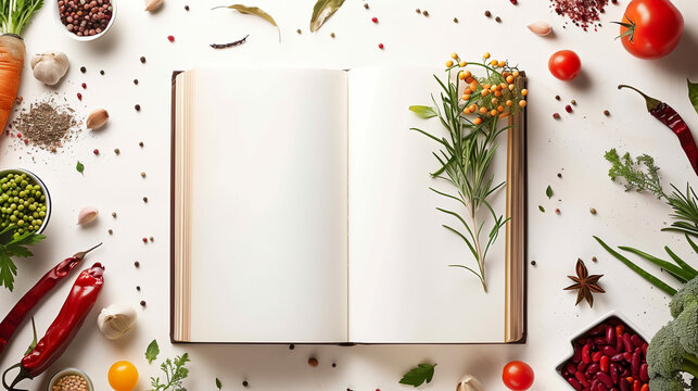 empty cookbook with lunch and dinner ingredients fresh vegetables meat and spices herbs arround for recipe posting