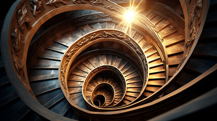 The architectural intricacies of a spiral staircase, creating a mesmerizing, optical illusion. - obrazy, fototapety, plakaty