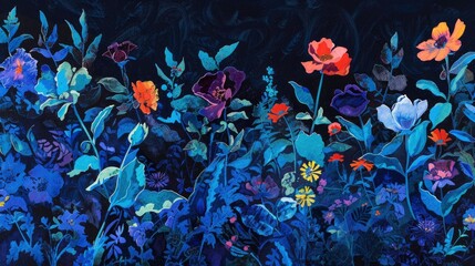 At night, shadows turn into flowers, a nocturnal garden growing from the shadows. - obrazy, fototapety, plakaty