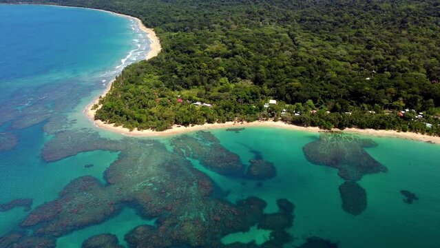 Aerial scenery of breathtaking view in Punta Uva Beach with crystal clear water and lush greenery