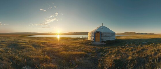 Springtime on the steppe, yurt, lake, early morning light, incredibly wide angle, view from above