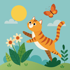 Charming scene of a playful tabby cat chasing a fluttering butterfly through a sun-dappled garden - obrazy, fototapety, plakaty