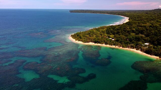 Aerial scenery of breathtaking view in Punta Uva Beach with crystal clear water and lush greenery