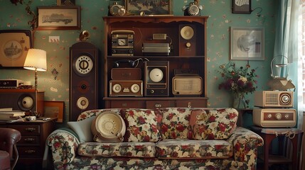 A charming retro living room with a collection of vintage radios displayed on a shelf, a floral-printed sofa, and a retro rotary phone on a side table