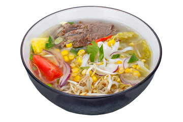 Thai style noodle soup with beef and vegetables isolated on white background