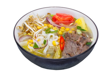 Thai style noodle soup with beef and vegetables isolated on white background