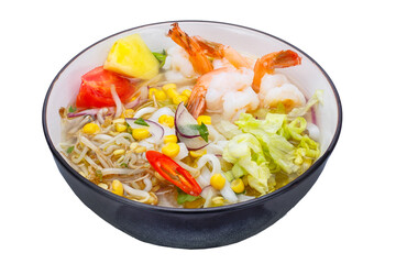Bowl of rice noodles with shrimp and vegetables. Isolated over white background