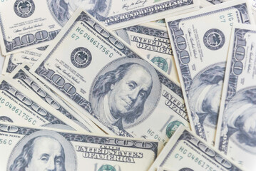 Close-up of dollar currency Money Pile $100 dollar bills. Fiancial concept.