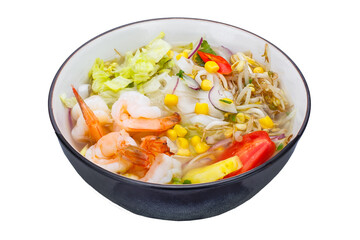 Bowl of rice noodles with shrimp and vegetables. Isolated over white background
