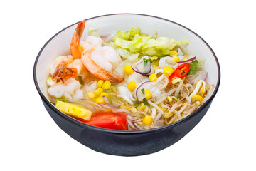 Bowl of rice noodles with shrimp and vegetables. Isolated over white background