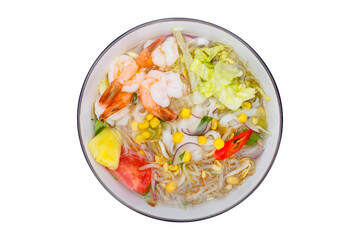 Bowl of rice noodles with shrimp and vegetables. Isolated over white background