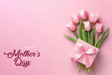 Feliz dia de la madre, Fondo liso con tulipanes y egalos en color rosa pastel - obrazy, fototapety, plakaty