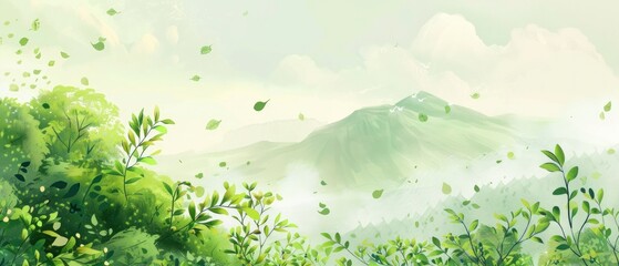 Japanese illustration style, scenery, fluttering tea leaves, light green, artistic conception of the landscape like fairyland - obrazy, fototapety, plakaty
