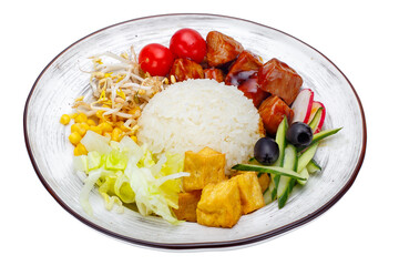 rice with chicken and vegetables on a plate isolated on a white background