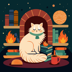Cozy indoor setting with a fluffy Persian cat curled up lazily by a crackling fireplace, surrounded by stacks of books