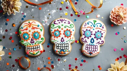Fototapeta na wymiar Three sugar skull cookies with confetti and colorful icing on a grey background